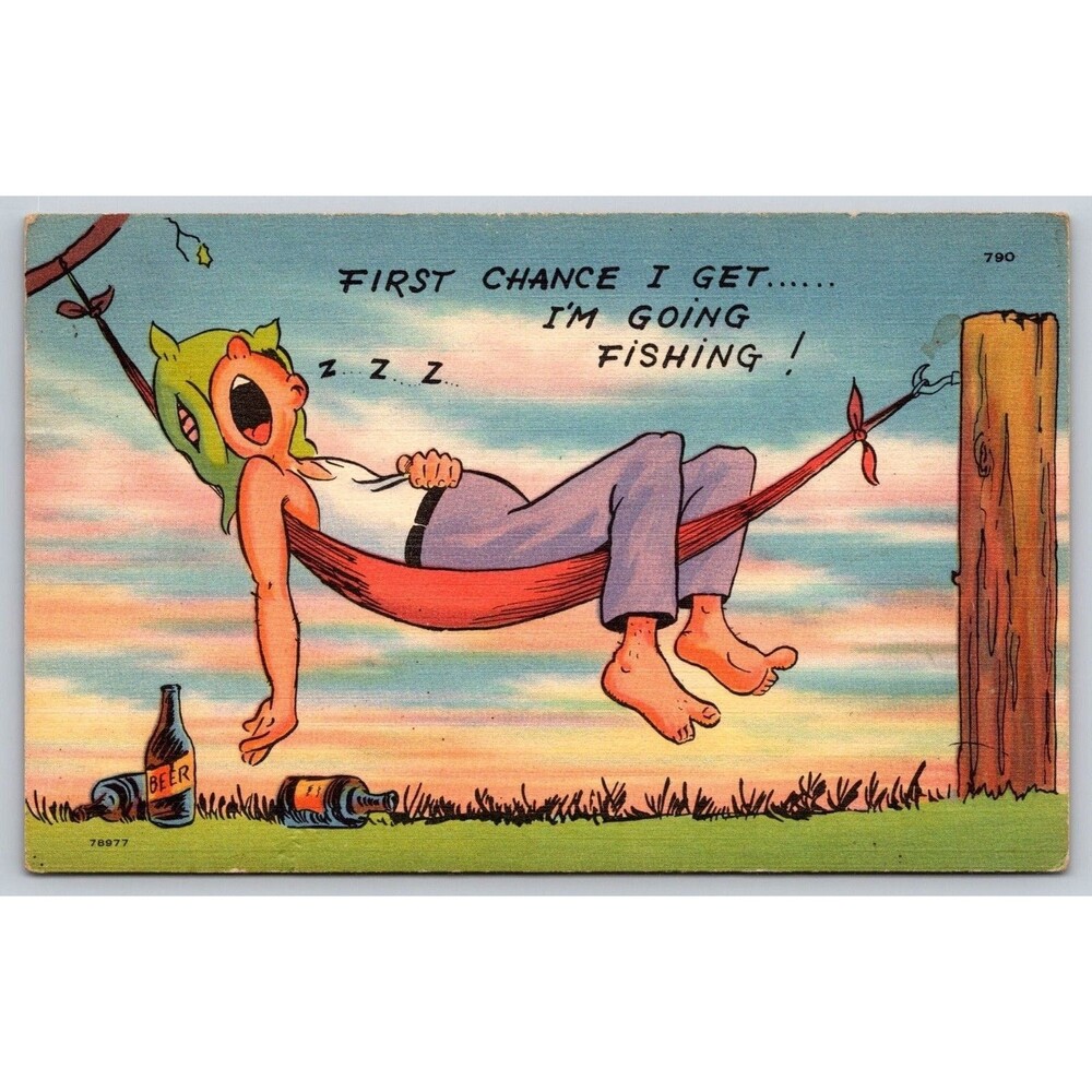 Vintage Comic Fisging Linen Postcard Tichnor bros 790 Man in Hammock Beer 1940s